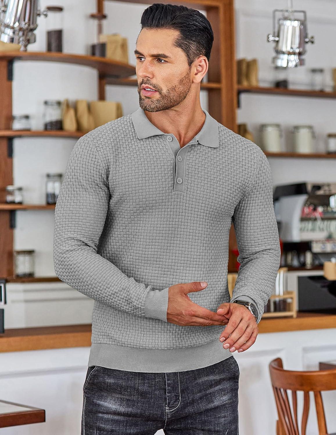 imageCOOFANDY Mens Knit Polo Shirts Long Sleeve Casual Polo Sweaters Shirt Waffle Textured Collared SweaterLight Grey