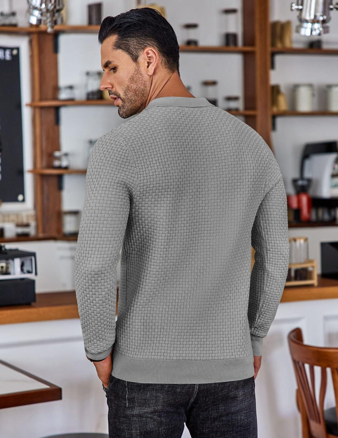 imageCOOFANDY Mens Knit Polo Shirts Long Sleeve Casual Polo Sweaters Shirt Waffle Textured Collared SweaterLight Grey