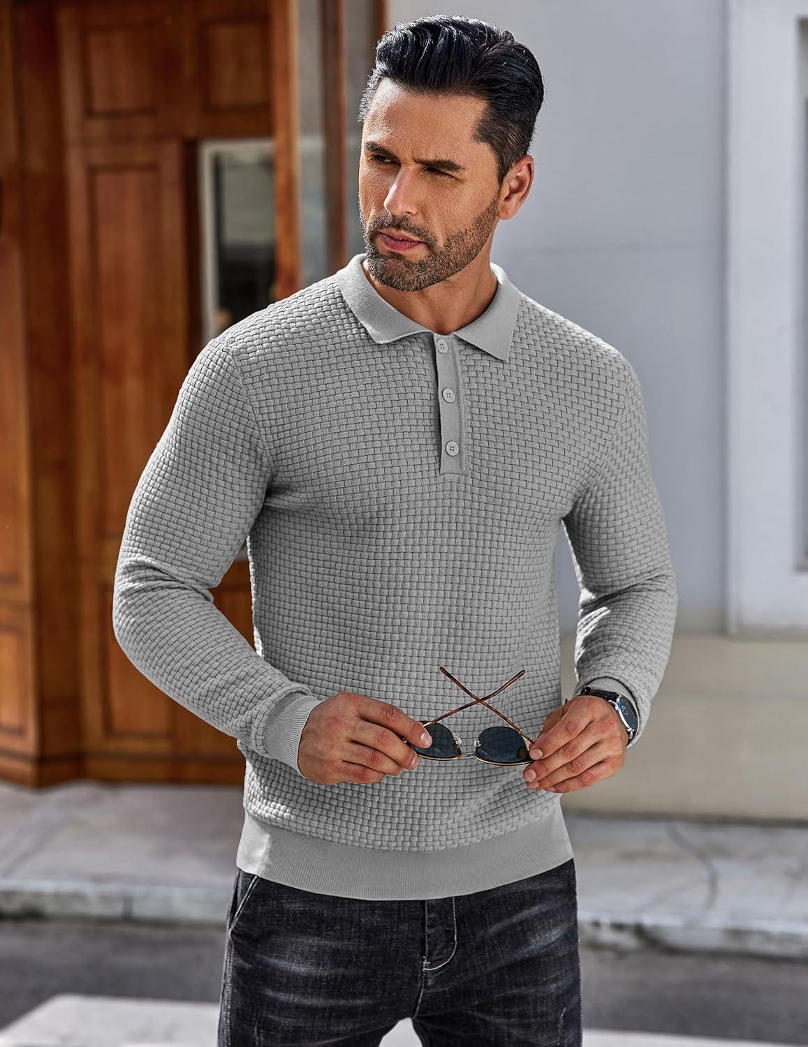 imageCOOFANDY Mens Knit Polo Shirts Long Sleeve Casual Polo Sweaters Shirt Waffle Textured Collared SweaterLight Grey