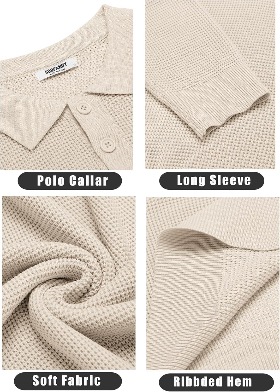 imageCOOFANDY Mens Knit Polo Shirts Long Sleeve Casual Polo Sweaters Shirt Waffle Textured Collared SweaterLight Khaki