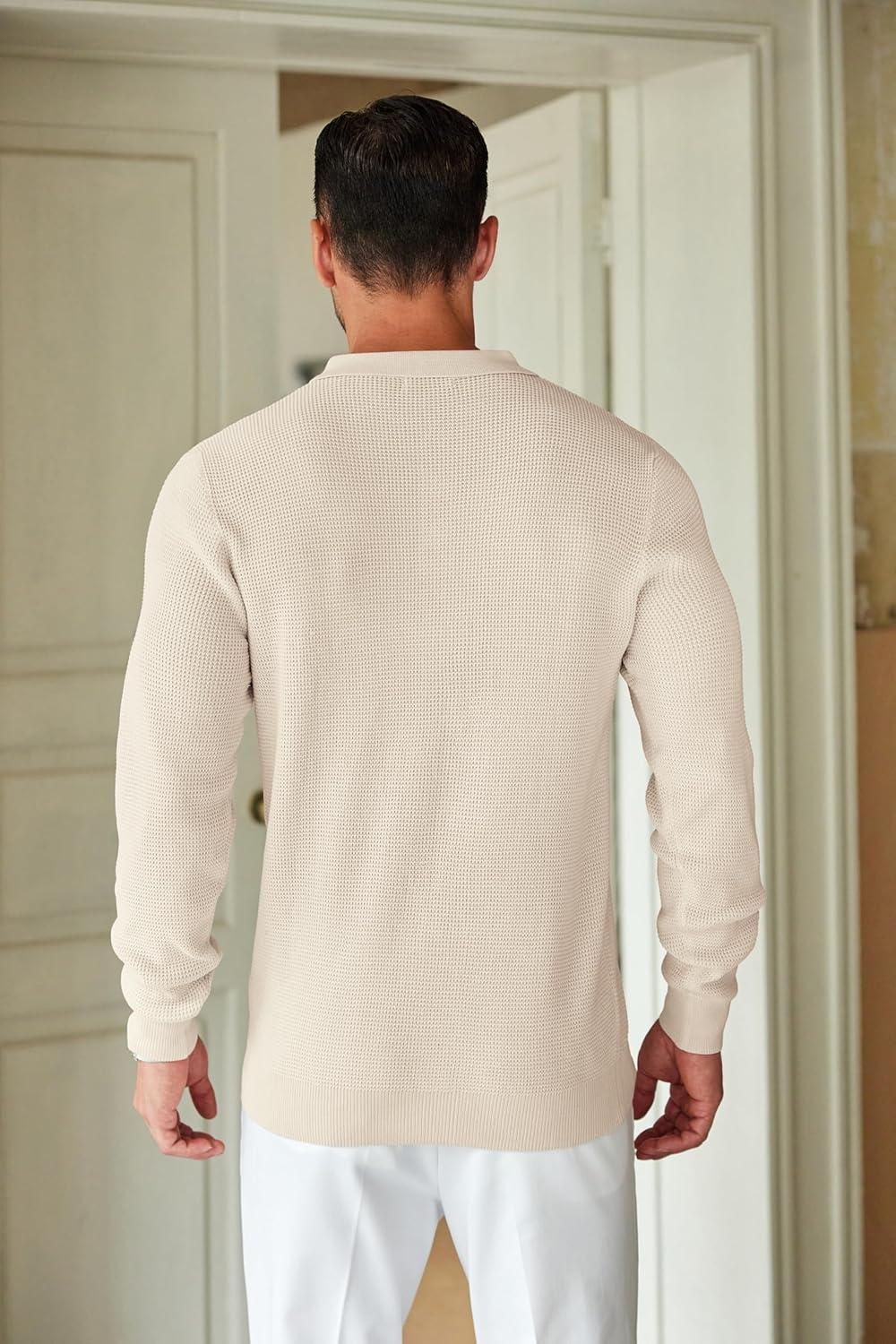 imageCOOFANDY Mens Knit Polo Shirts Long Sleeve Casual Polo Sweaters Shirt Waffle Textured Collared SweaterLight Khaki