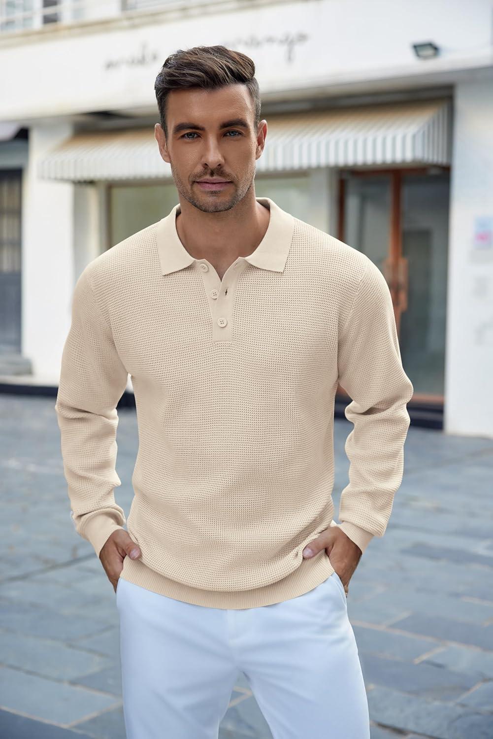 imageCOOFANDY Mens Knit Polo Shirts Long Sleeve Casual Polo Sweaters Shirt Waffle Textured Collared SweaterLight Khaki