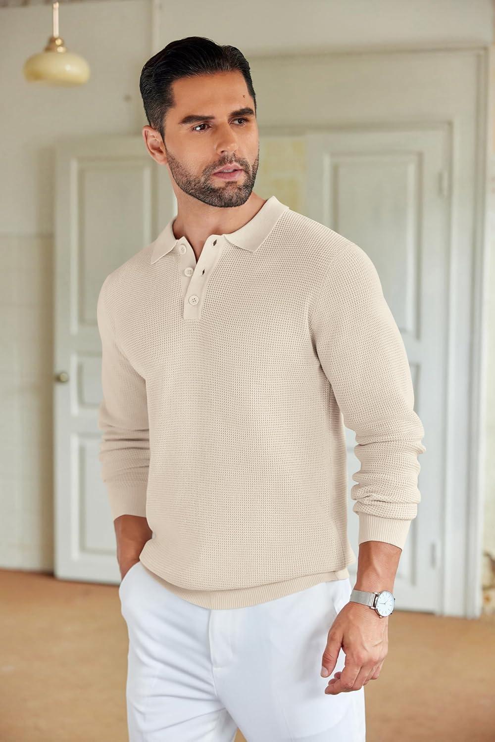 imageCOOFANDY Mens Knit Polo Shirts Long Sleeve Casual Polo Sweaters Shirt Waffle Textured Collared SweaterLight Khaki