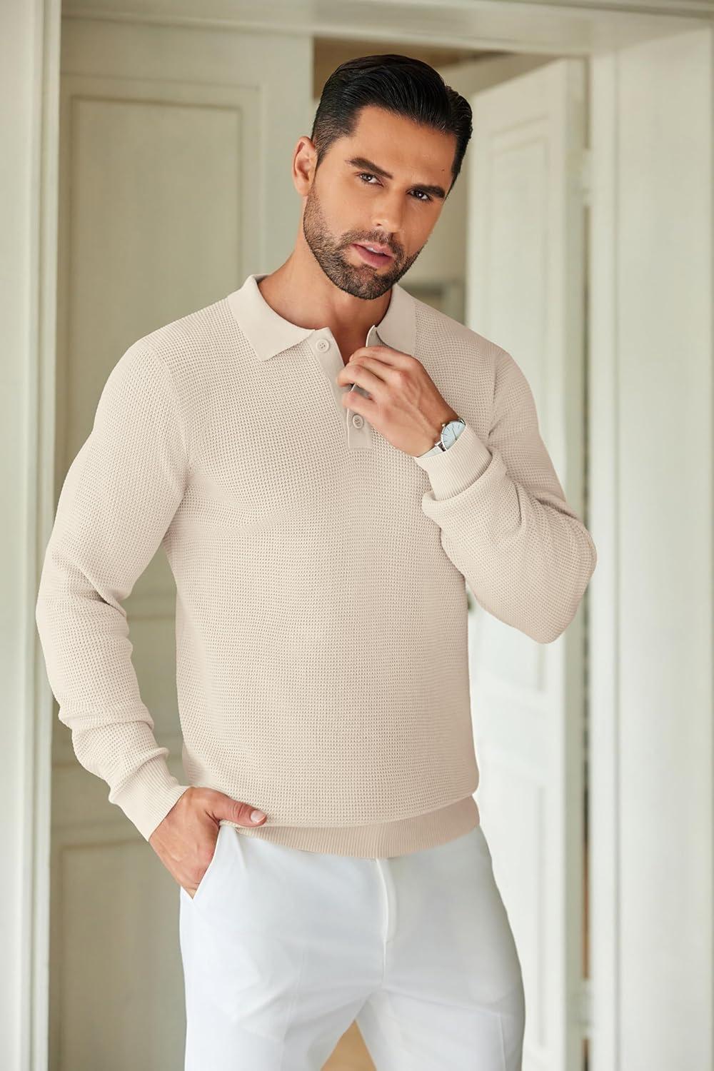 imageCOOFANDY Mens Knit Polo Shirts Long Sleeve Casual Polo Sweaters Shirt Waffle Textured Collared SweaterLight Khaki