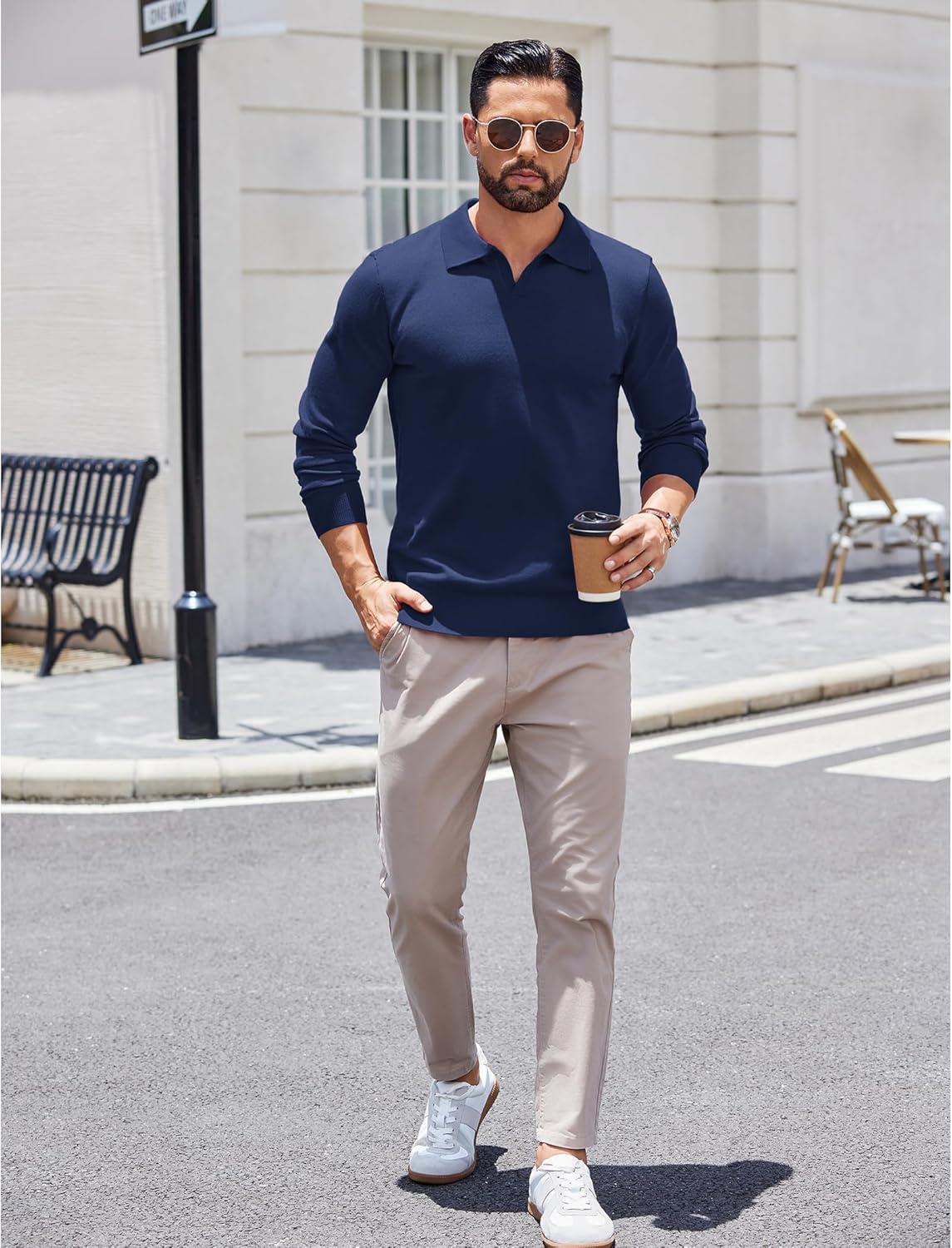 imageCOOFANDY Mens Knit Polo Shirts Long Sleeve Casual Polo Sweaters Shirt Waffle Textured Collared SweaterNavy Blue