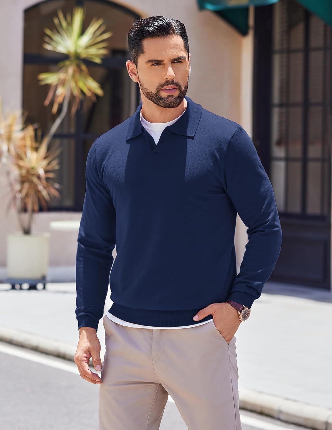 imageCOOFANDY Mens Knit Polo Shirts Long Sleeve Casual Polo Sweaters Shirt Waffle Textured Collared SweaterNavy Blue