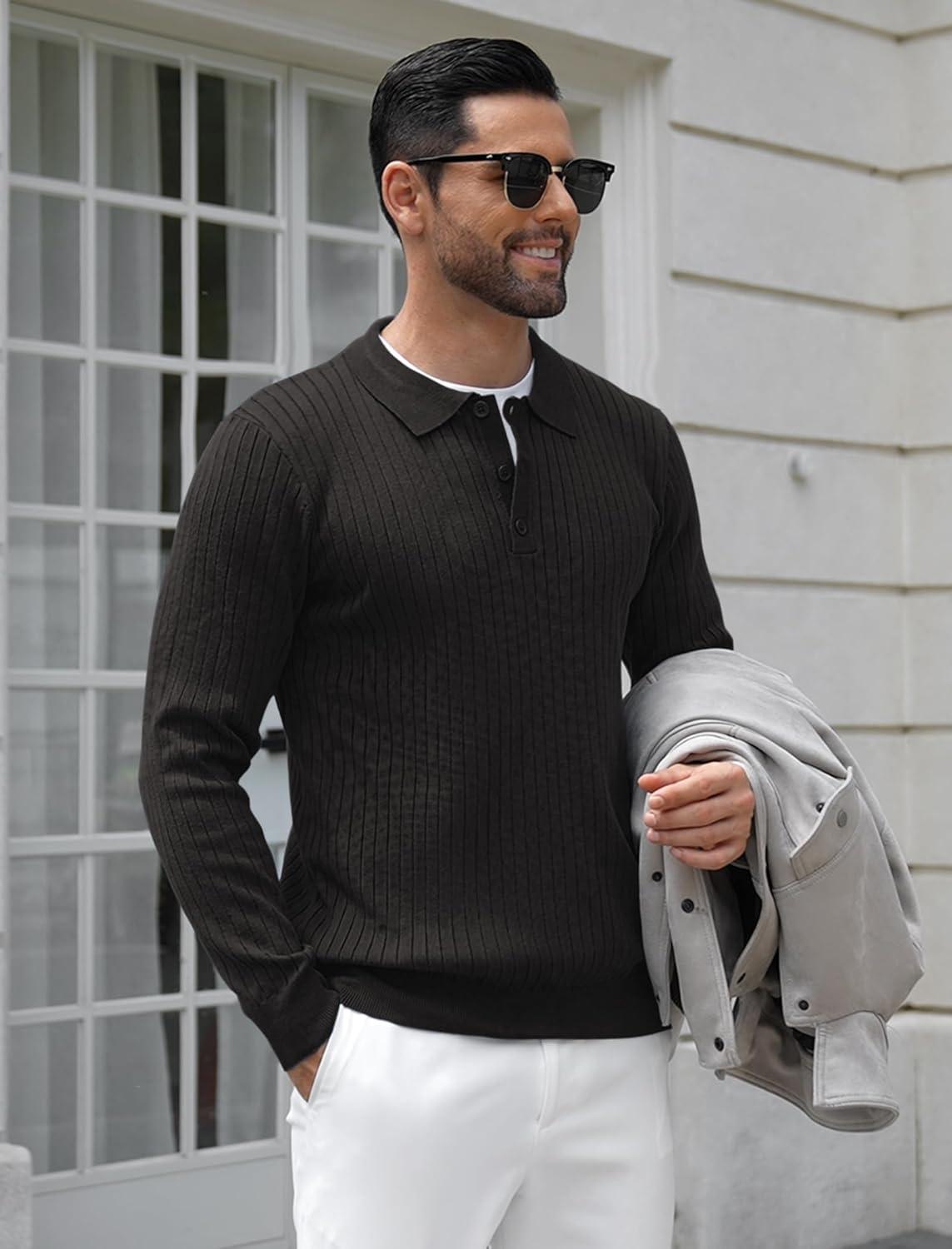 imageCOOFANDY Mens Knit Polo Shirts Long Sleeve Casual Polo Sweaters Shirt Waffle Textured Collared SweaterRibbed Black