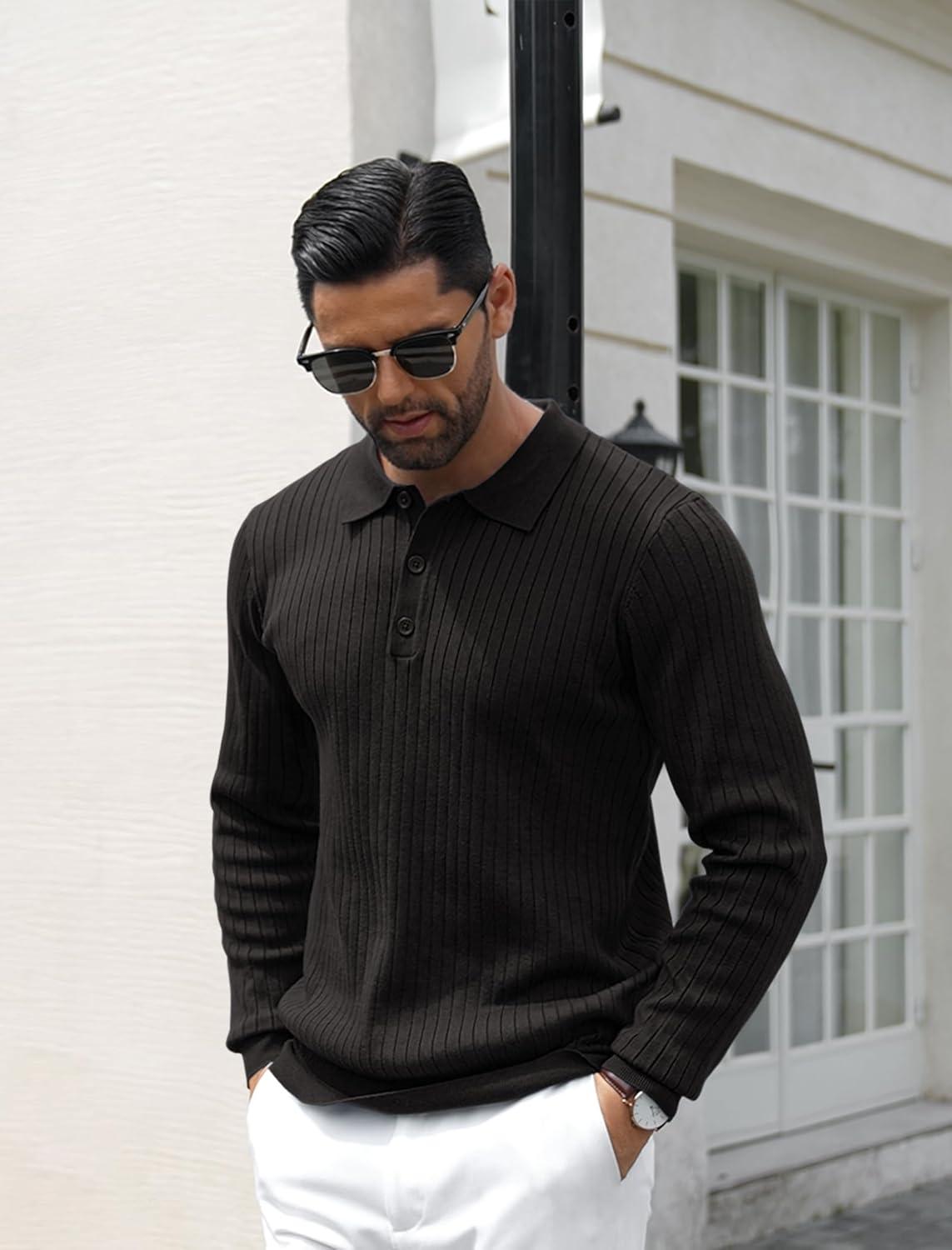 imageCOOFANDY Mens Knit Polo Shirts Long Sleeve Casual Polo Sweaters Shirt Waffle Textured Collared SweaterRibbed Black