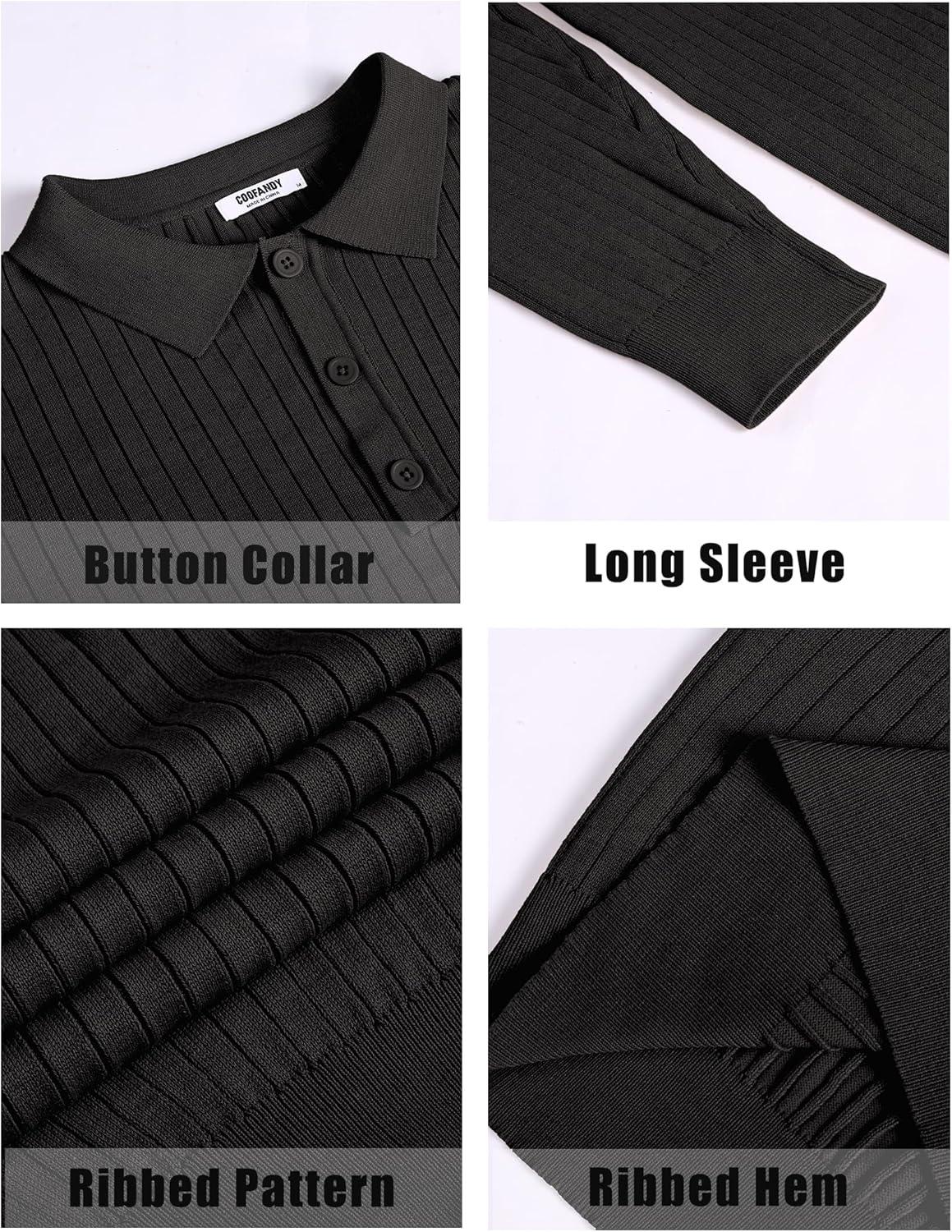 imageCOOFANDY Mens Knit Polo Shirts Long Sleeve Casual Polo Sweaters Shirt Waffle Textured Collared SweaterRibbed Black