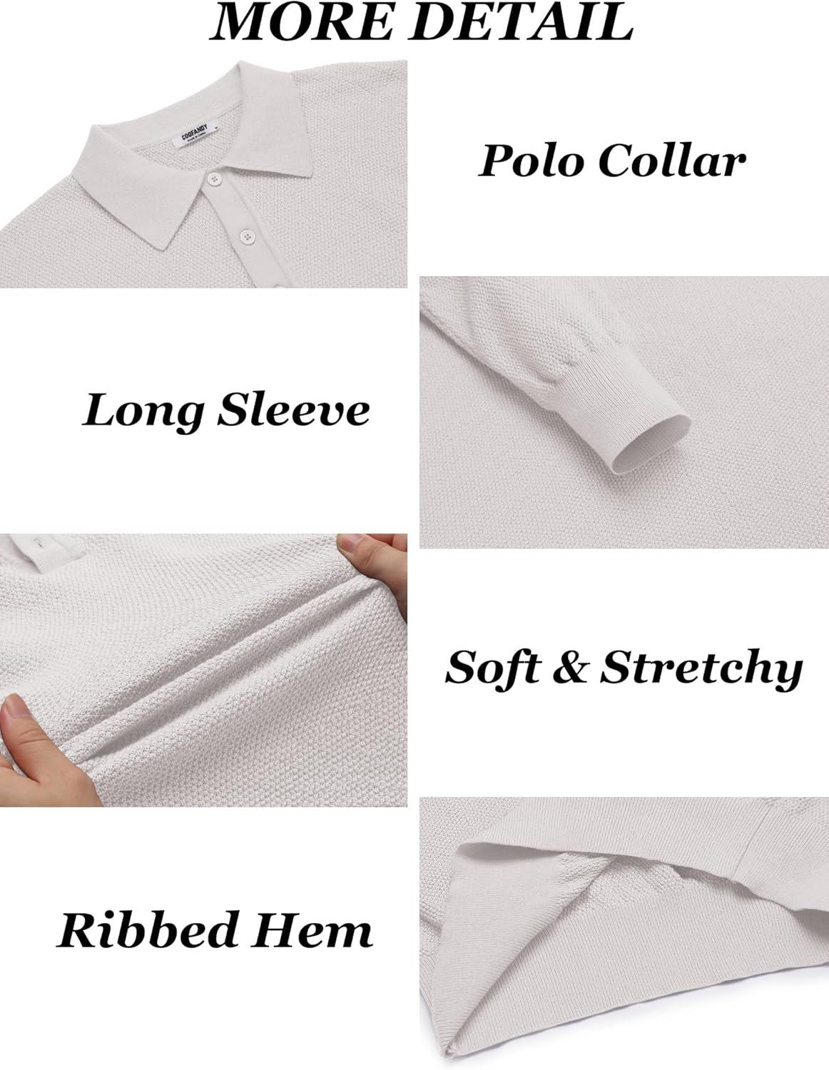imageCOOFANDY Mens Knit Polo Shirts Long Sleeve Casual Polo Sweaters Shirt Waffle Textured Collared SweaterWhite