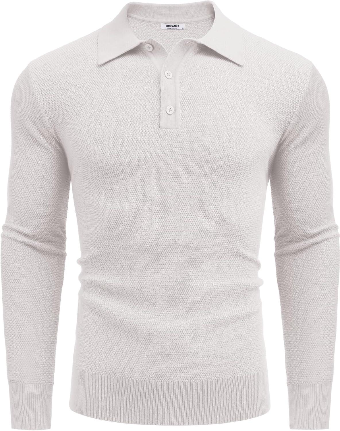 imageCOOFANDY Mens Knit Polo Shirts Long Sleeve Casual Polo Sweaters Shirt Waffle Textured Collared SweaterWhite