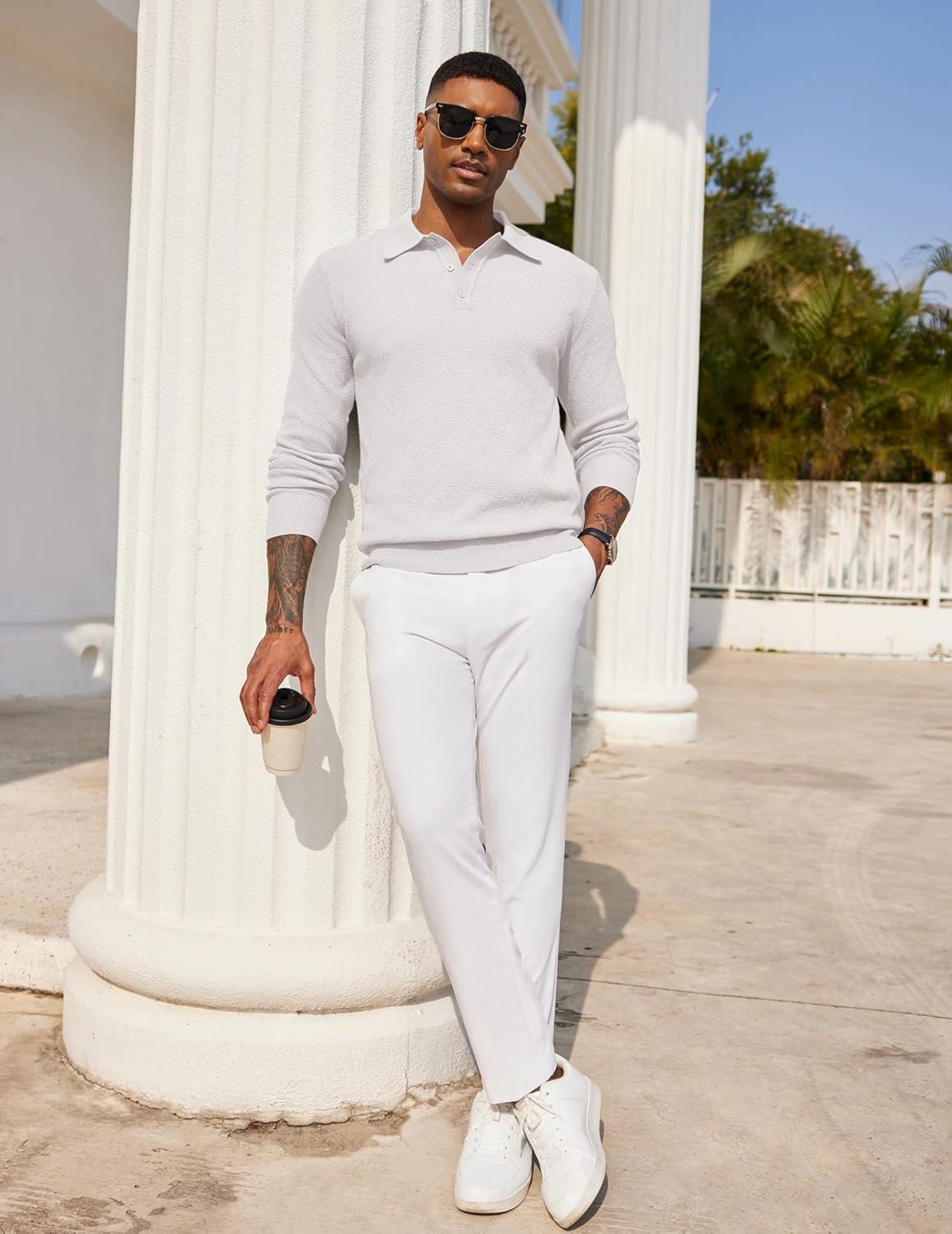 imageCOOFANDY Mens Knit Polo Shirts Long Sleeve Casual Polo Sweaters Shirt Waffle Textured Collared SweaterWhite