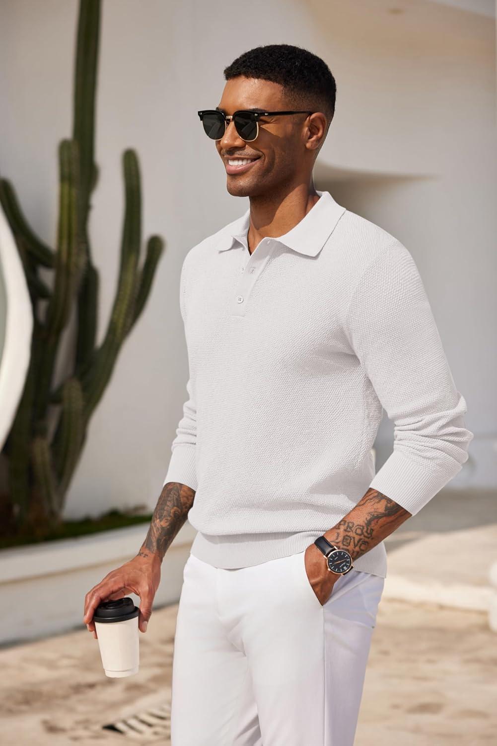 imageCOOFANDY Mens Knit Polo Shirts Long Sleeve Casual Polo Sweaters Shirt Waffle Textured Collared SweaterWhite