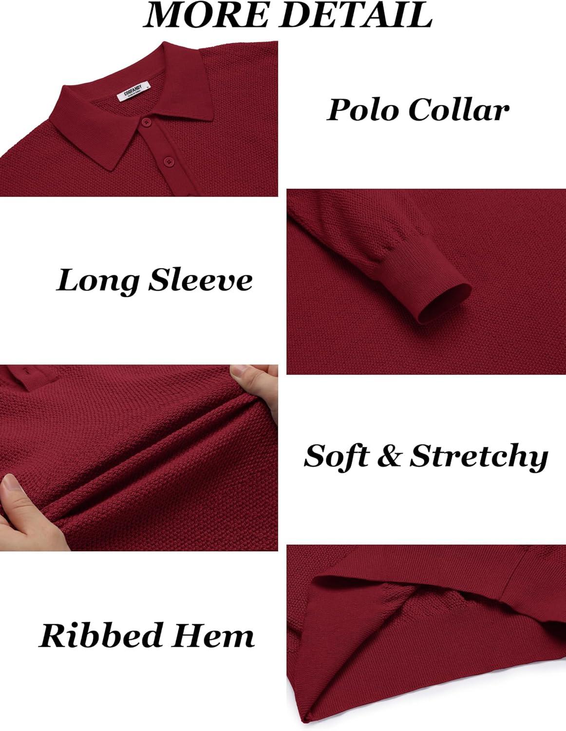 imageCOOFANDY Mens Knit Polo Shirts Long Sleeve Casual Polo Sweaters Shirt Waffle Textured Collared SweaterWine Red