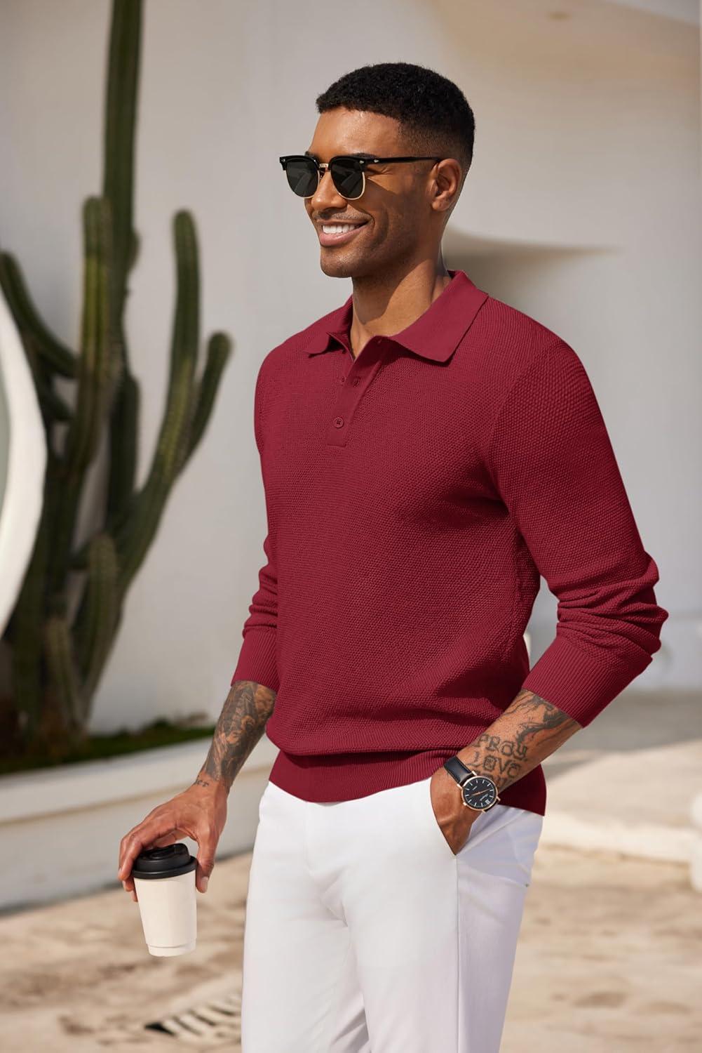 imageCOOFANDY Mens Knit Polo Shirts Long Sleeve Casual Polo Sweaters Shirt Waffle Textured Collared SweaterWine Red