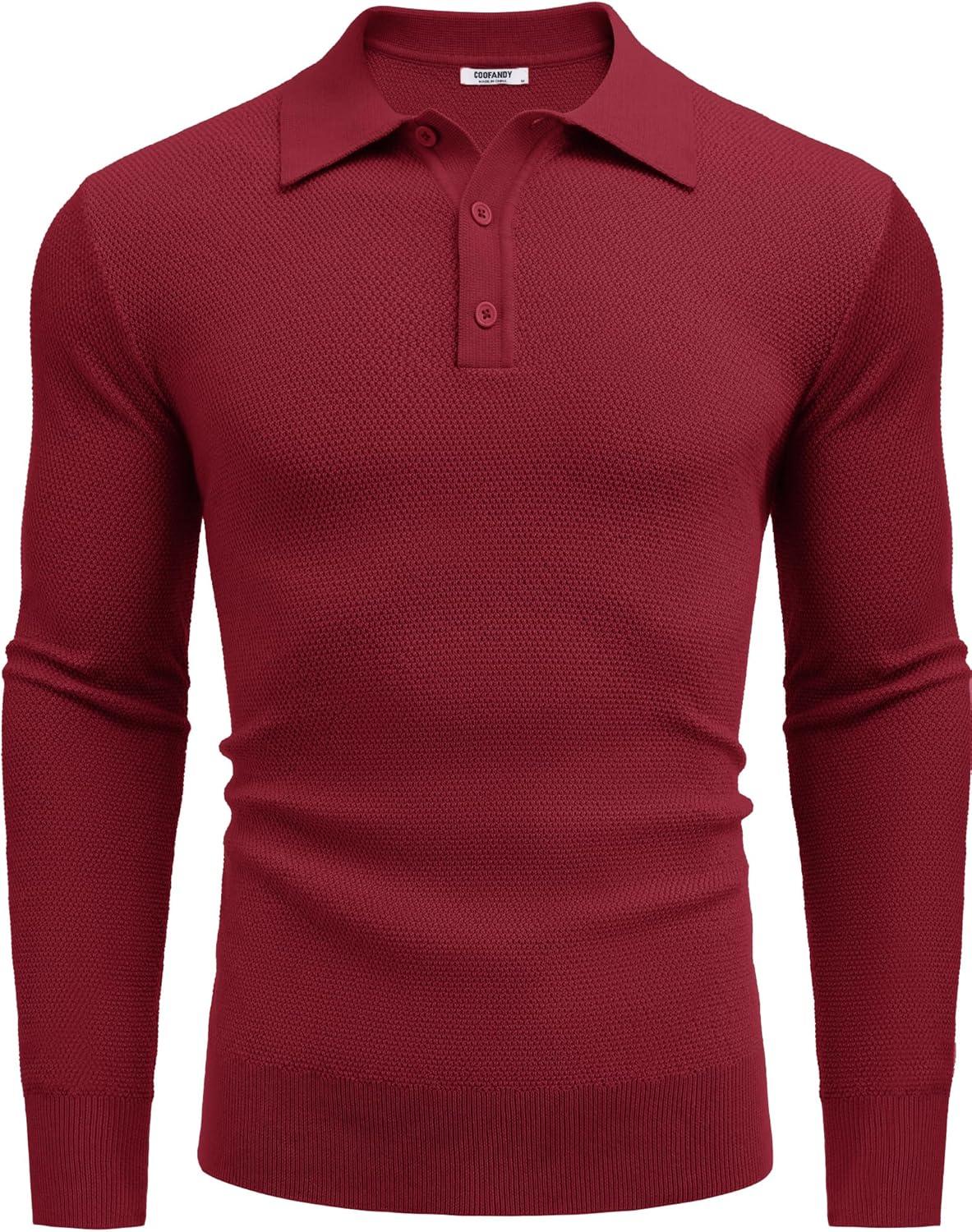 imageCOOFANDY Mens Knit Polo Shirts Long Sleeve Casual Polo Sweaters Shirt Waffle Textured Collared SweaterWine Red