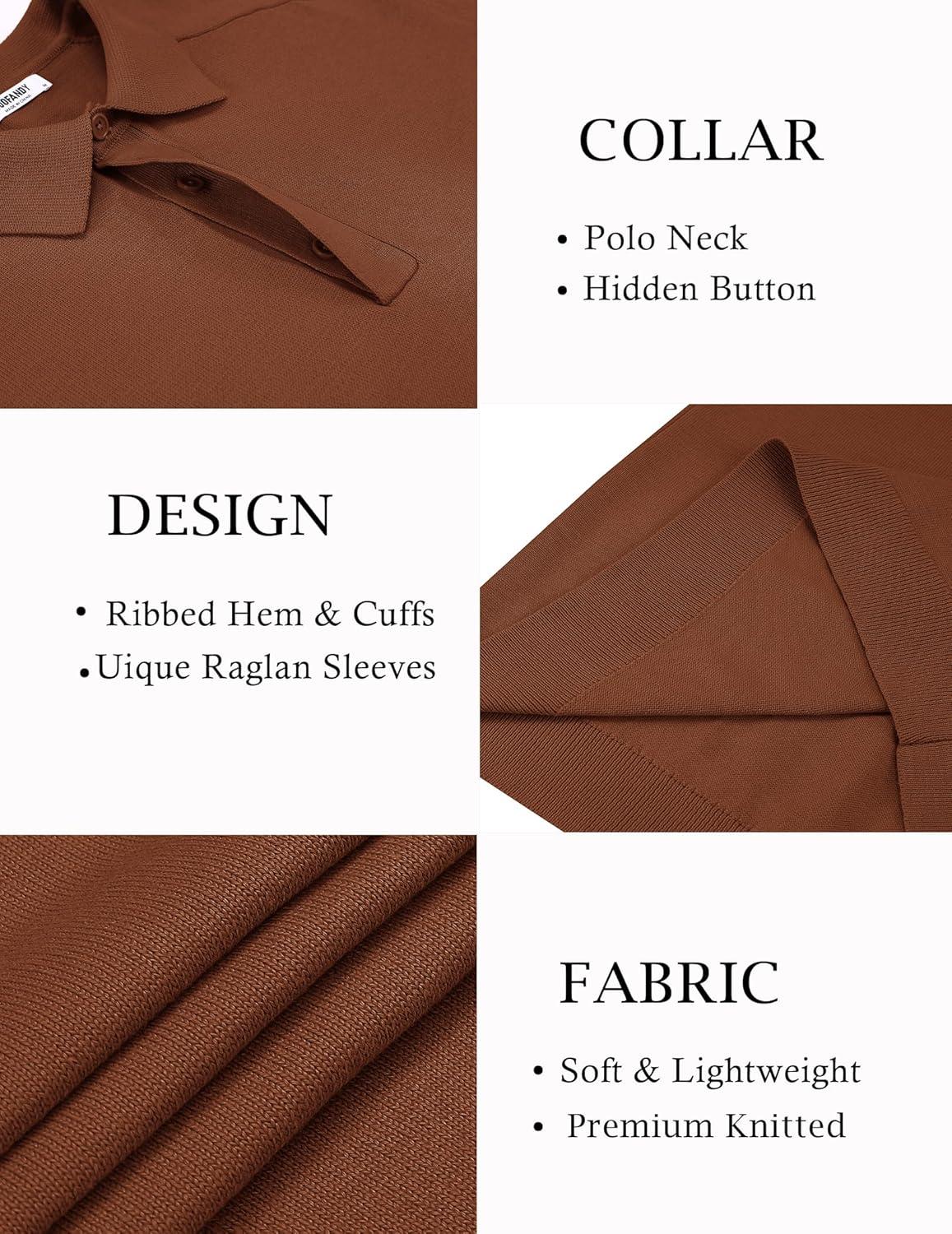 imageCOOFANDY Mens Knit Polo Sweater Long Sleeve Polo Collared Sweaters Hidden Button Casual Pullover SweaterBrown