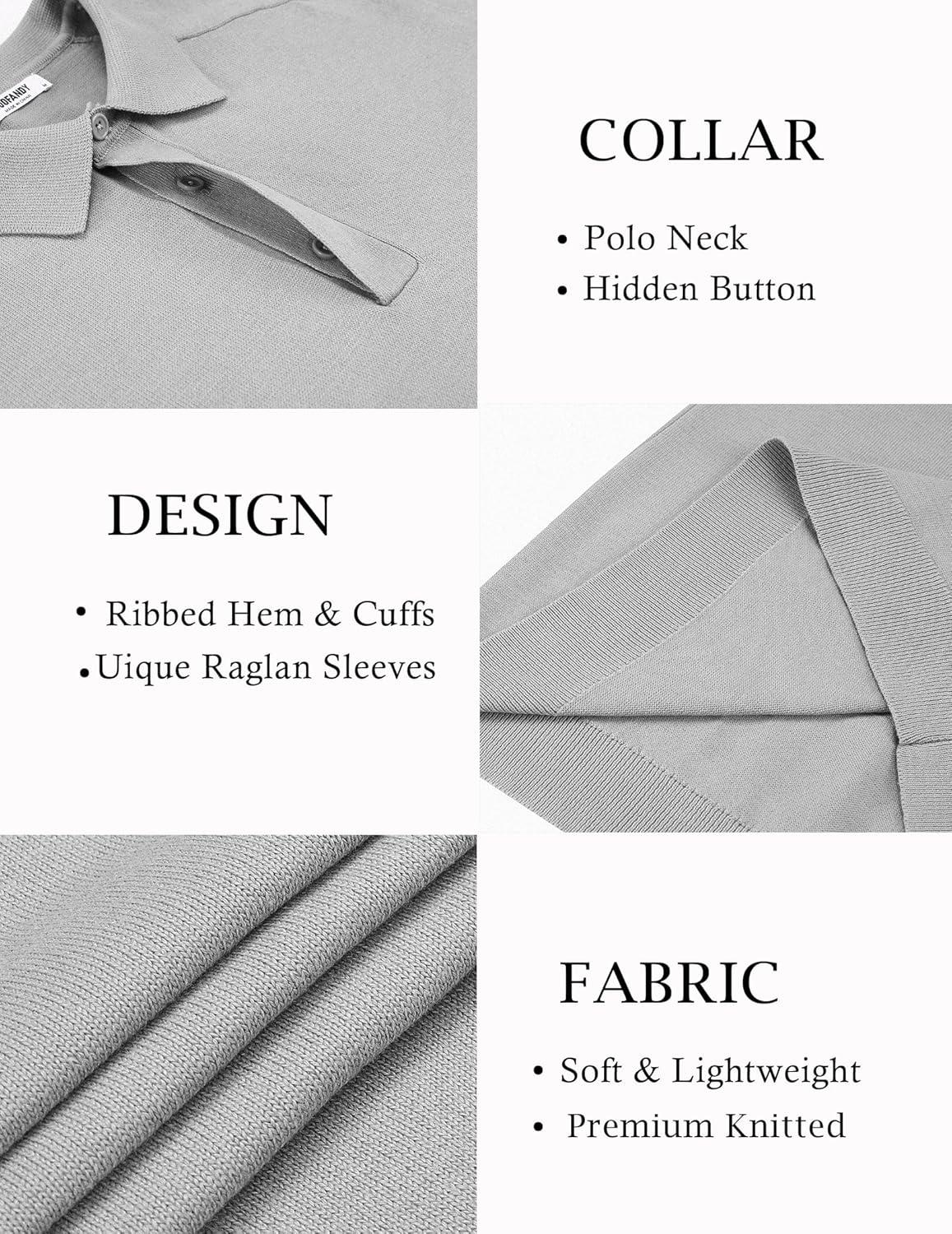 imageCOOFANDY Mens Knit Polo Sweater Long Sleeve Polo Collared Sweaters Hidden Button Casual Pullover SweaterLight Grey