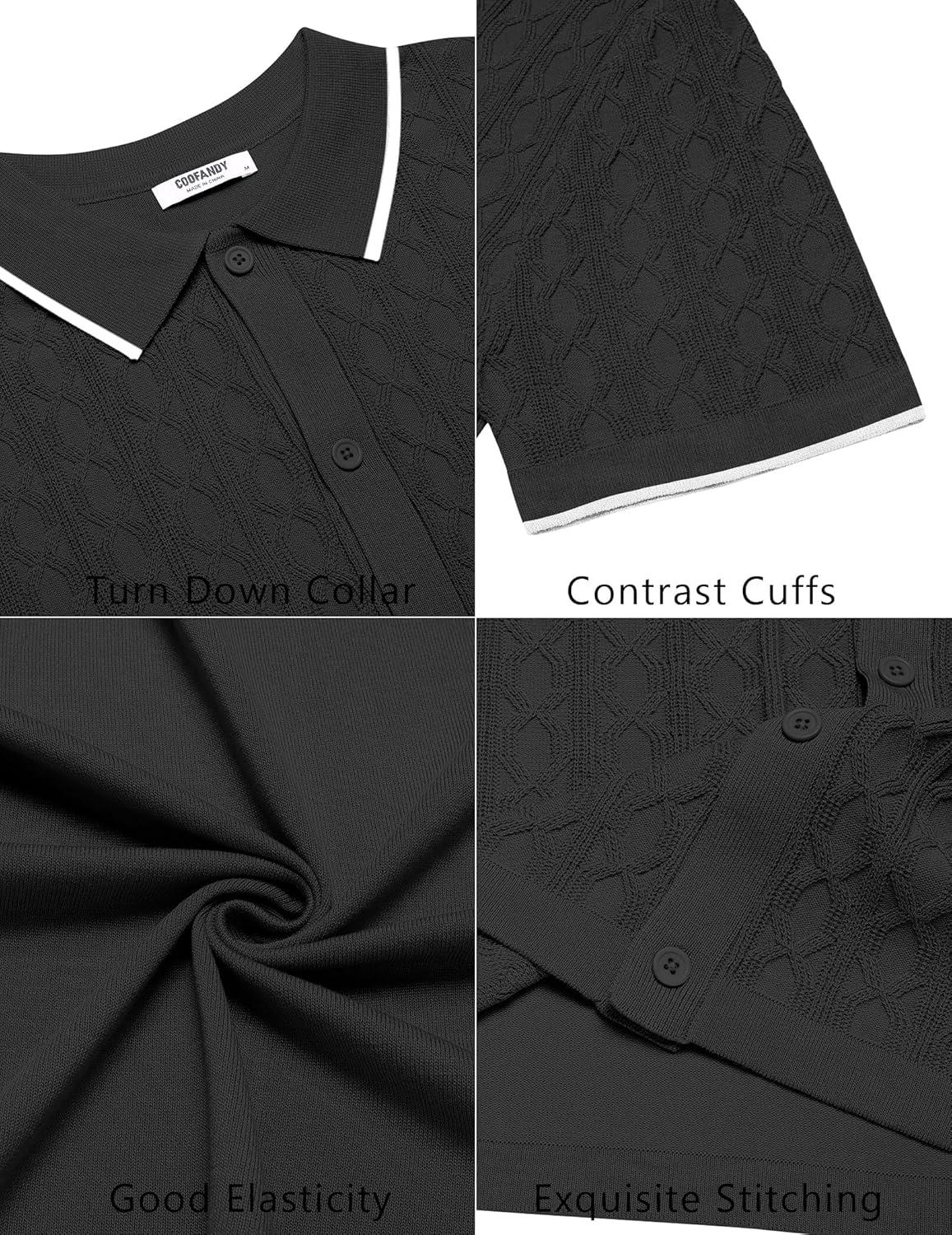 imageCOOFANDY Mens Knit Short Sleeve Shirts Button Down Vintage Knitted Polo Shirt Casual Beach Crochet Cable Vacation ShirtBlackwhite