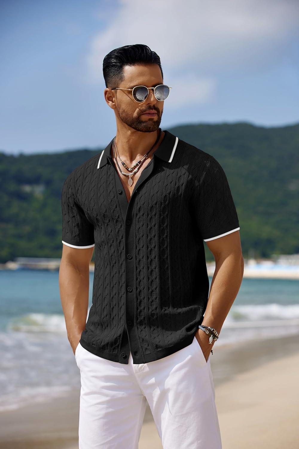 imageCOOFANDY Mens Knit Short Sleeve Shirts Button Down Vintage Knitted Polo Shirt Casual Beach Crochet Cable Vacation ShirtBlackwhite