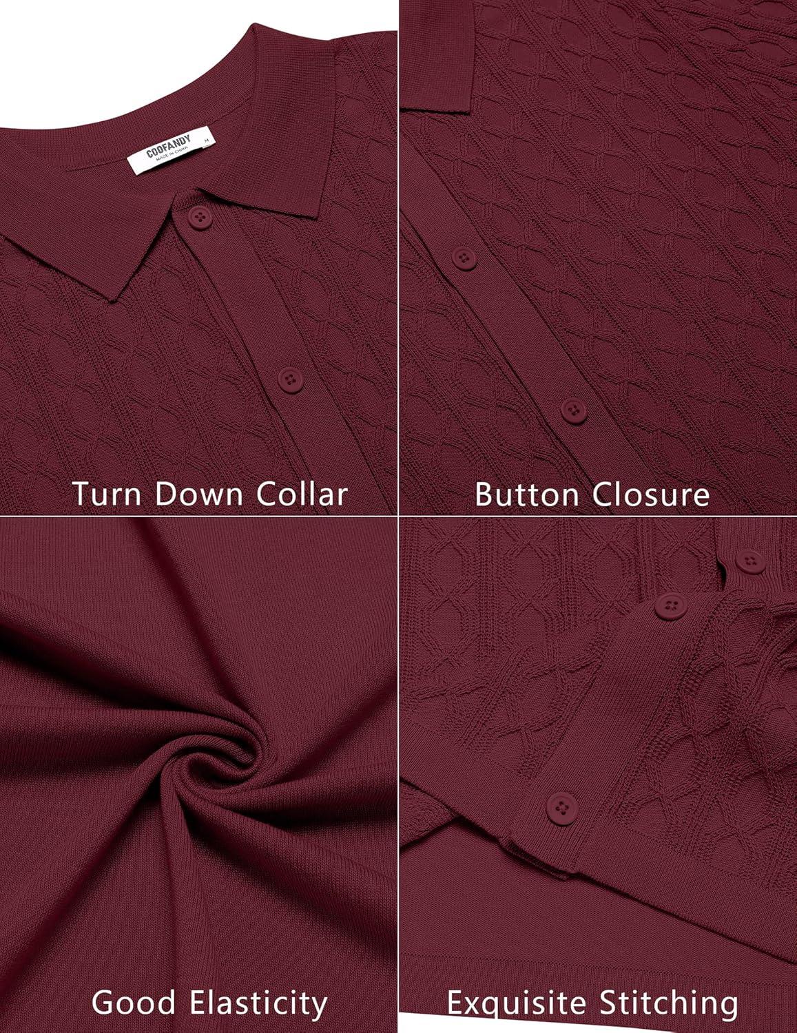 imageCOOFANDY Mens Knit Short Sleeve Shirts Button Down Vintage Knitted Polo Shirt Casual Beach Crochet Cable Vacation ShirtClaret