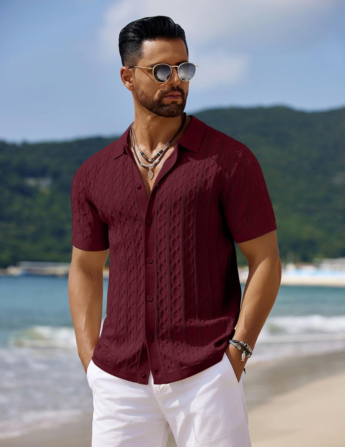imageCOOFANDY Mens Knit Short Sleeve Shirts Button Down Vintage Knitted Polo Shirt Casual Beach Crochet Cable Vacation ShirtClaret
