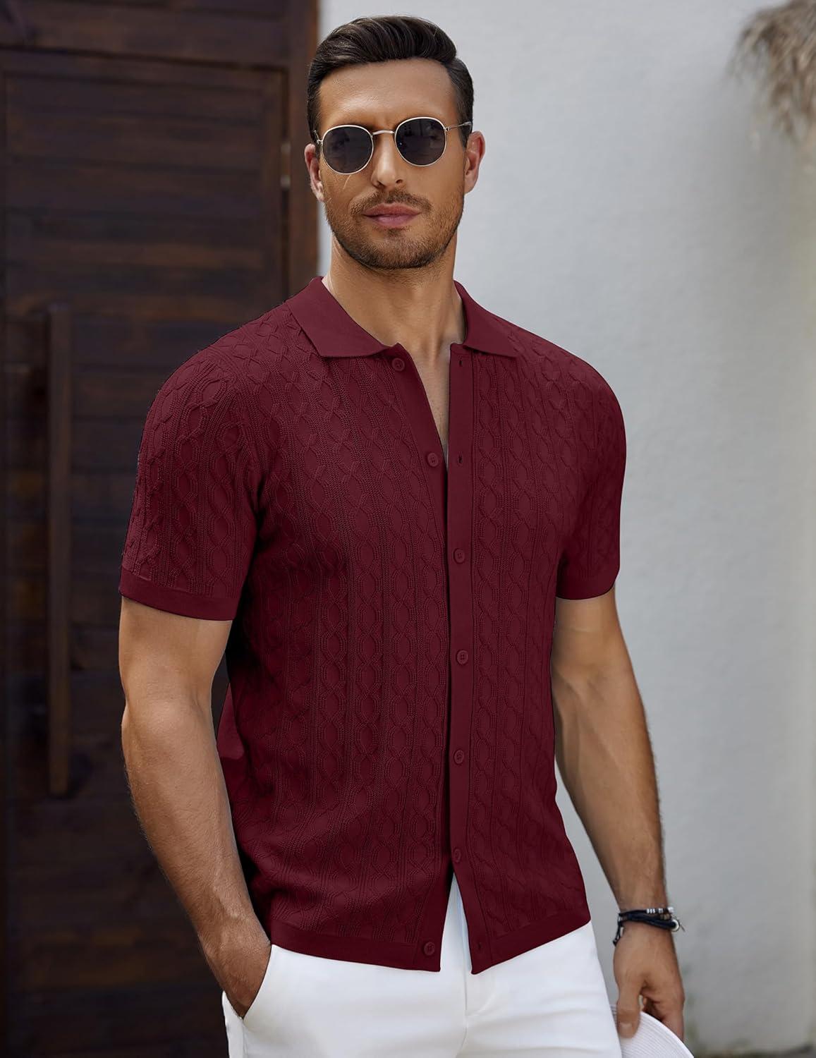 imageCOOFANDY Mens Knit Short Sleeve Shirts Button Down Vintage Knitted Polo Shirt Casual Beach Crochet Cable Vacation ShirtClaret