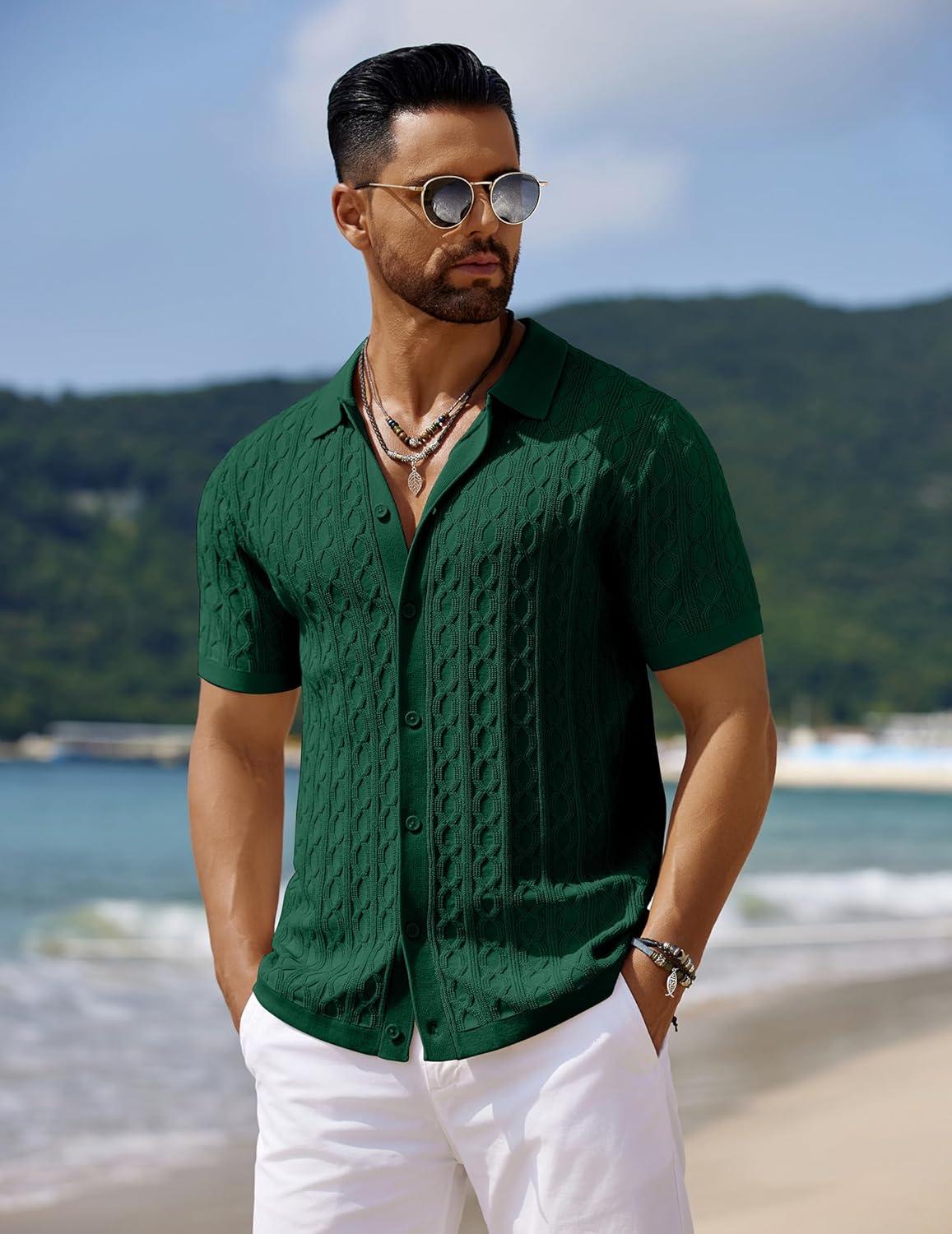 imageCOOFANDY Mens Knit Short Sleeve Shirts Button Down Vintage Knitted Polo Shirt Casual Beach Crochet Cable Vacation ShirtGreen