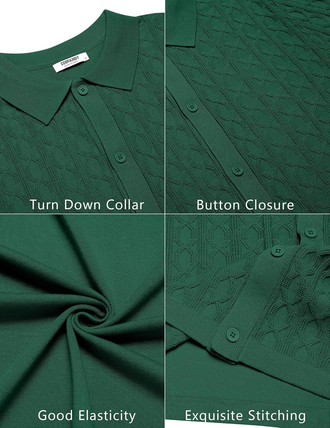 imageCOOFANDY Mens Knit Short Sleeve Shirts Button Down Vintage Knitted Polo Shirt Casual Beach Crochet Cable Vacation ShirtGreen