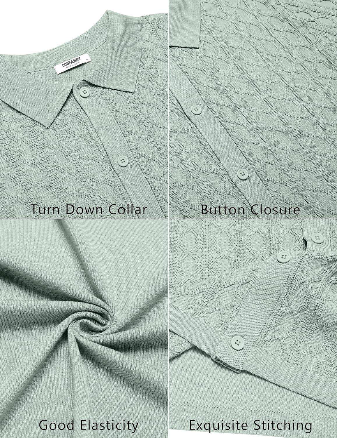 imageCOOFANDY Mens Knit Short Sleeve Shirts Button Down Vintage Knitted Polo Shirt Casual Beach Crochet Cable Vacation ShirtIce Green