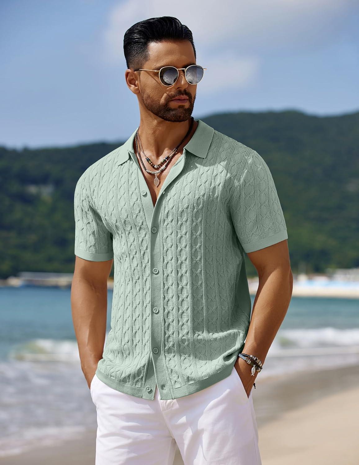 imageCOOFANDY Mens Knit Short Sleeve Shirts Button Down Vintage Knitted Polo Shirt Casual Beach Crochet Cable Vacation ShirtIce Green
