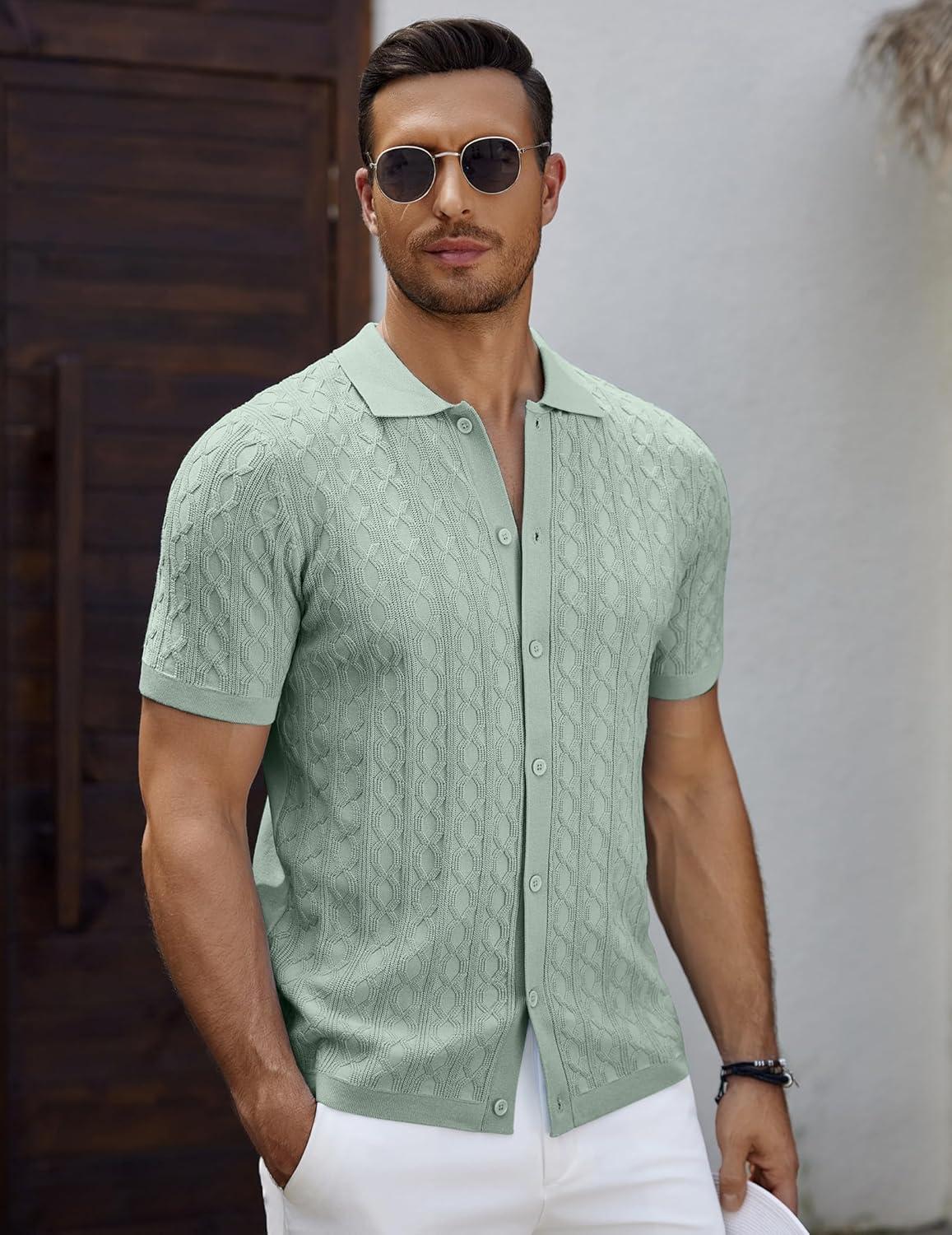 imageCOOFANDY Mens Knit Short Sleeve Shirts Button Down Vintage Knitted Polo Shirt Casual Beach Crochet Cable Vacation ShirtIce Green