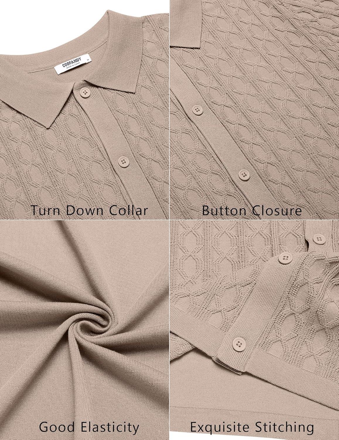 imageCOOFANDY Mens Knit Short Sleeve Shirts Button Down Vintage Knitted Polo Shirt Casual Beach Crochet Cable Vacation ShirtKhaki