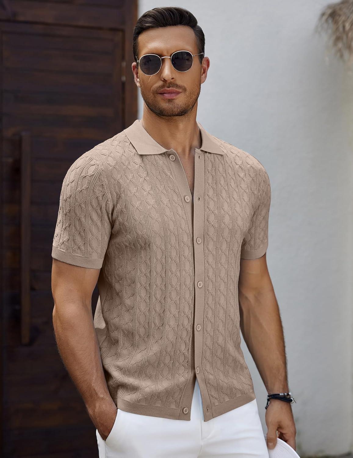 imageCOOFANDY Mens Knit Short Sleeve Shirts Button Down Vintage Knitted Polo Shirt Casual Beach Crochet Cable Vacation ShirtKhaki