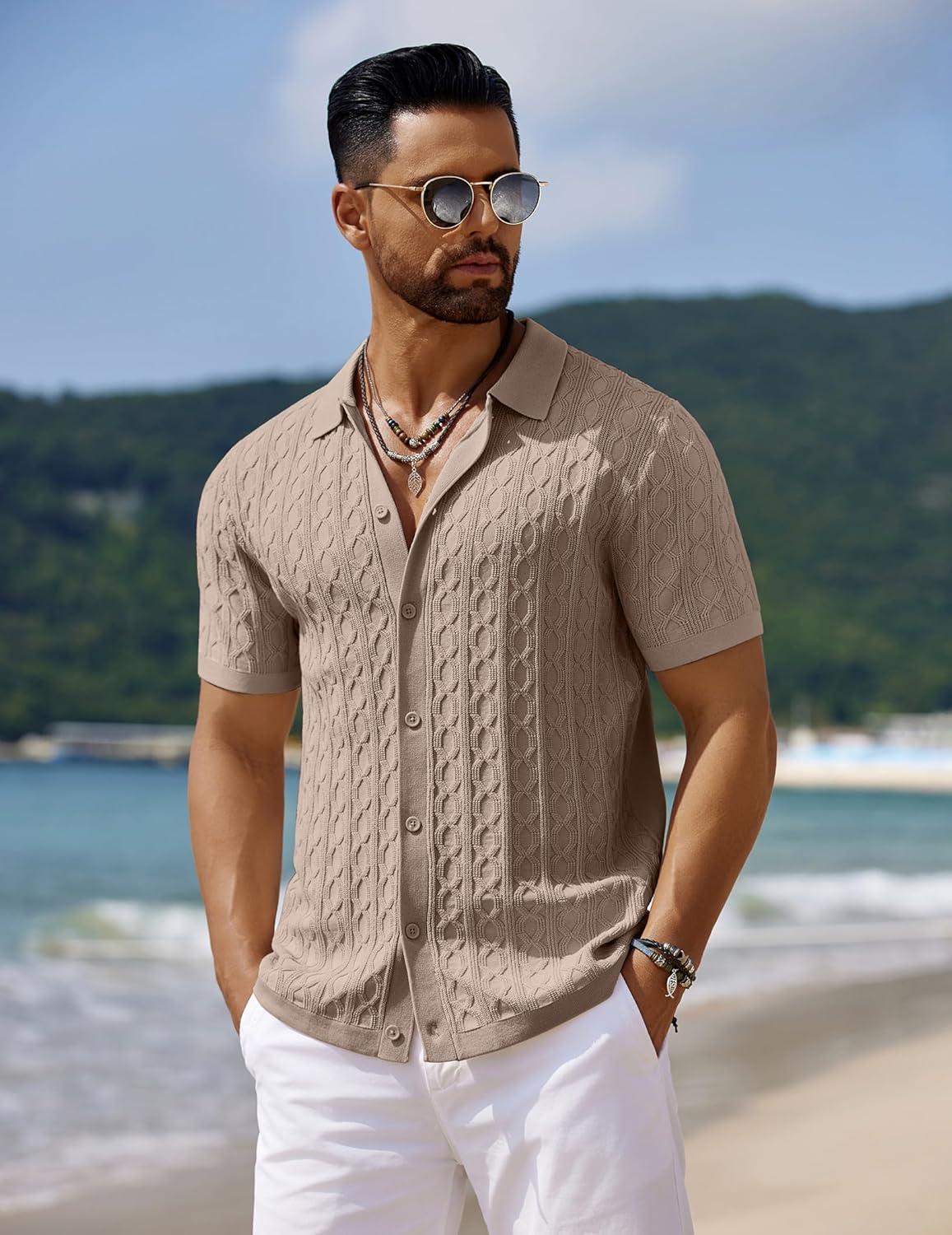 imageCOOFANDY Mens Knit Short Sleeve Shirts Button Down Vintage Knitted Polo Shirt Casual Beach Crochet Cable Vacation ShirtKhaki