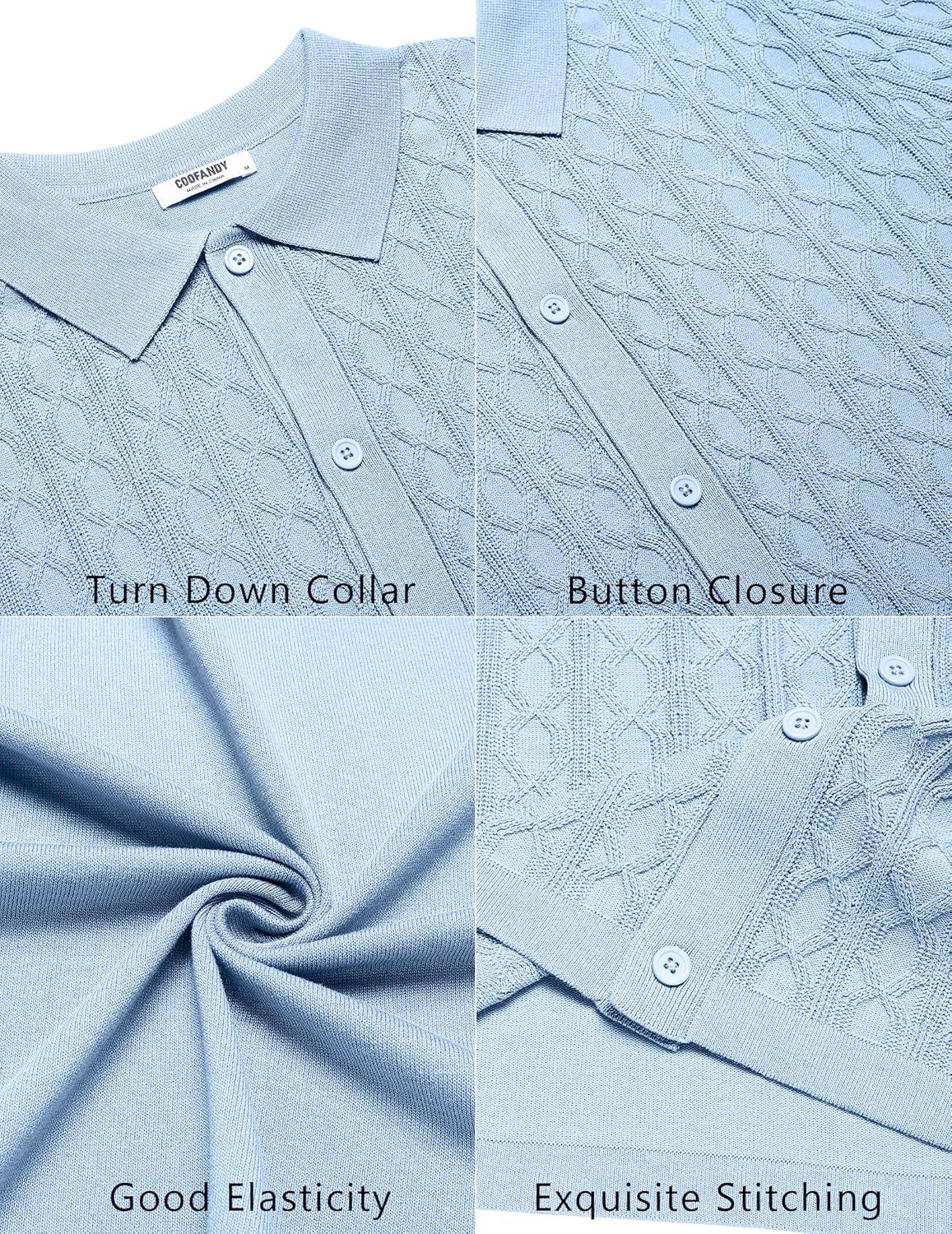 imageCOOFANDY Mens Knit Short Sleeve Shirts Button Down Vintage Knitted Polo Shirt Casual Beach Crochet Cable Vacation ShirtLight Blue