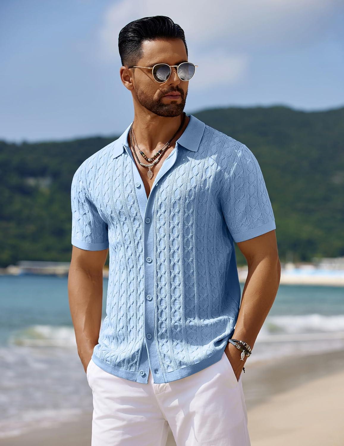imageCOOFANDY Mens Knit Short Sleeve Shirts Button Down Vintage Knitted Polo Shirt Casual Beach Crochet Cable Vacation ShirtLight Blue