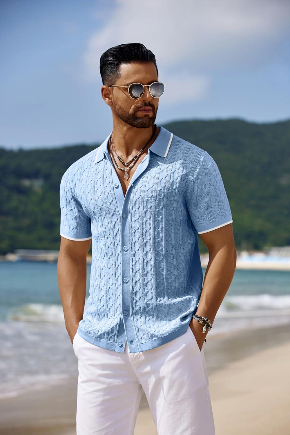 imageCOOFANDY Mens Knit Short Sleeve Shirts Button Down Vintage Knitted Polo Shirt Casual Beach Crochet Cable Vacation ShirtLight Bluewhite