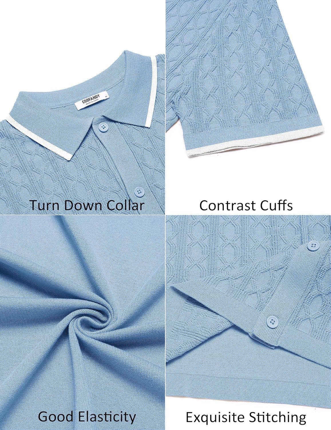imageCOOFANDY Mens Knit Short Sleeve Shirts Button Down Vintage Knitted Polo Shirt Casual Beach Crochet Cable Vacation ShirtLight Bluewhite