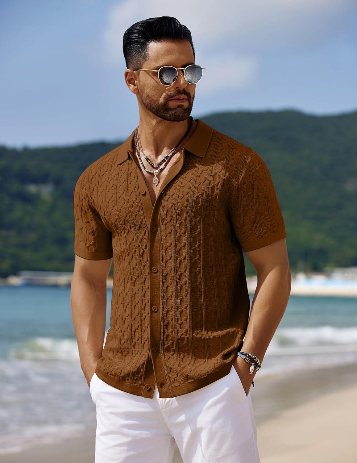 imageCOOFANDY Mens Knit Short Sleeve Shirts Button Down Vintage Knitted Polo Shirt Casual Beach Crochet Cable Vacation ShirtLight Brown