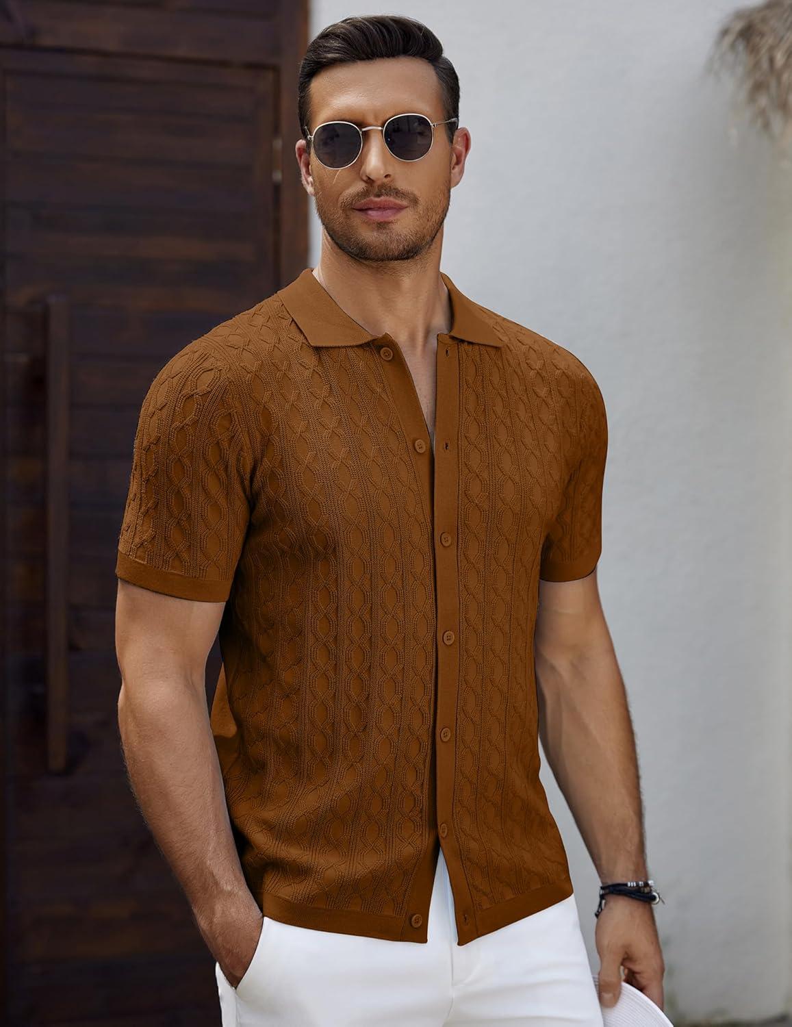 imageCOOFANDY Mens Knit Short Sleeve Shirts Button Down Vintage Knitted Polo Shirt Casual Beach Crochet Cable Vacation ShirtLight Brown
