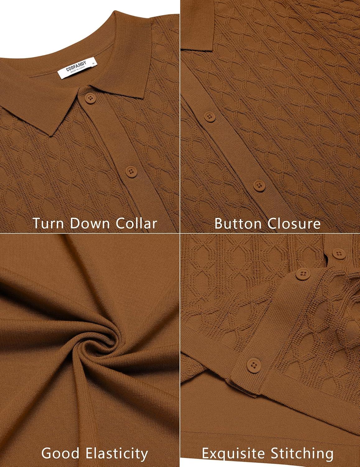 imageCOOFANDY Mens Knit Short Sleeve Shirts Button Down Vintage Knitted Polo Shirt Casual Beach Crochet Cable Vacation ShirtLight Brown