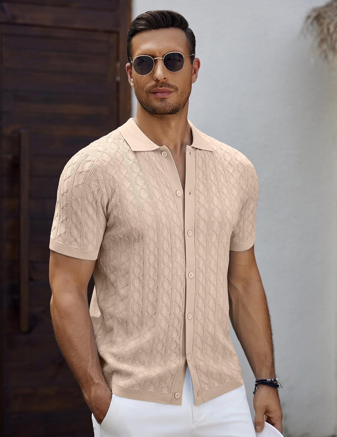 imageCOOFANDY Mens Knit Short Sleeve Shirts Button Down Vintage Knitted Polo Shirt Casual Beach Crochet Cable Vacation ShirtLight Coffee