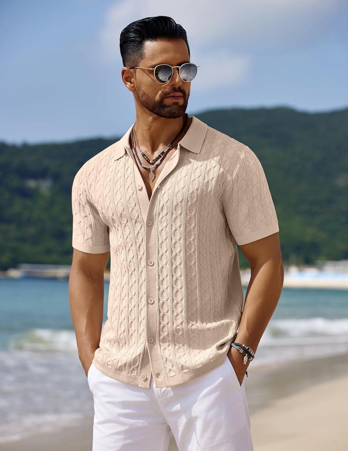 imageCOOFANDY Mens Knit Short Sleeve Shirts Button Down Vintage Knitted Polo Shirt Casual Beach Crochet Cable Vacation ShirtLight Coffee