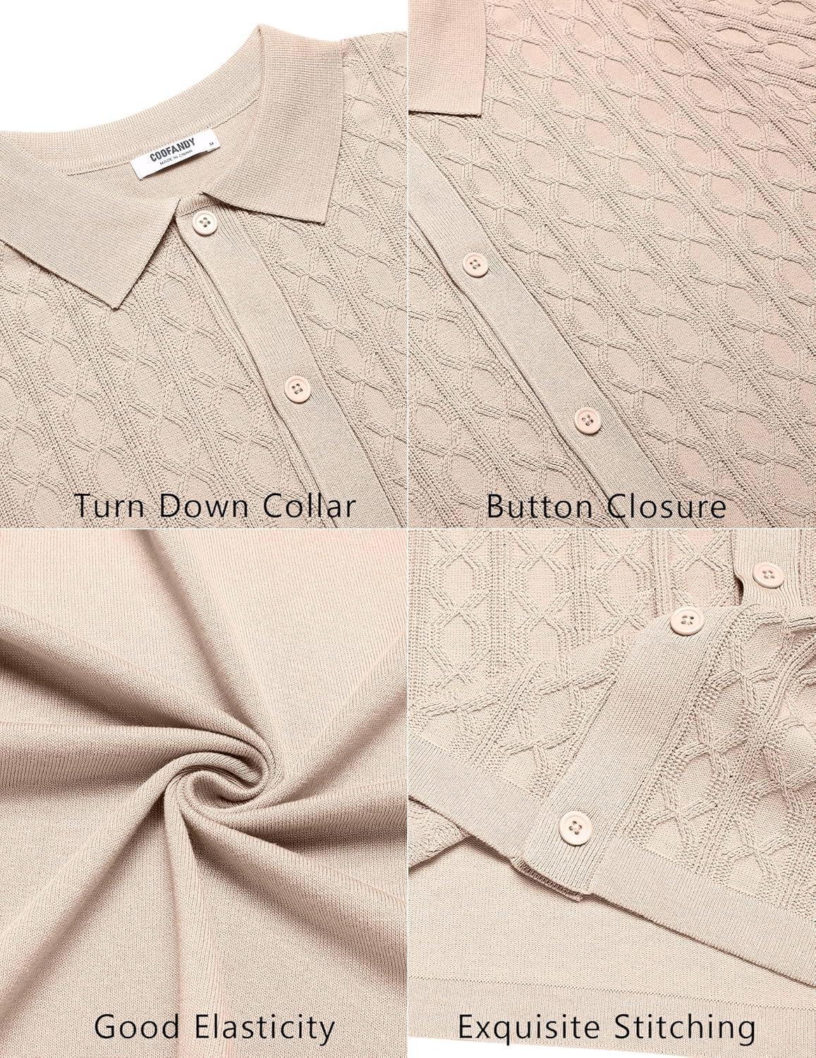 imageCOOFANDY Mens Knit Short Sleeve Shirts Button Down Vintage Knitted Polo Shirt Casual Beach Crochet Cable Vacation ShirtLight Coffee