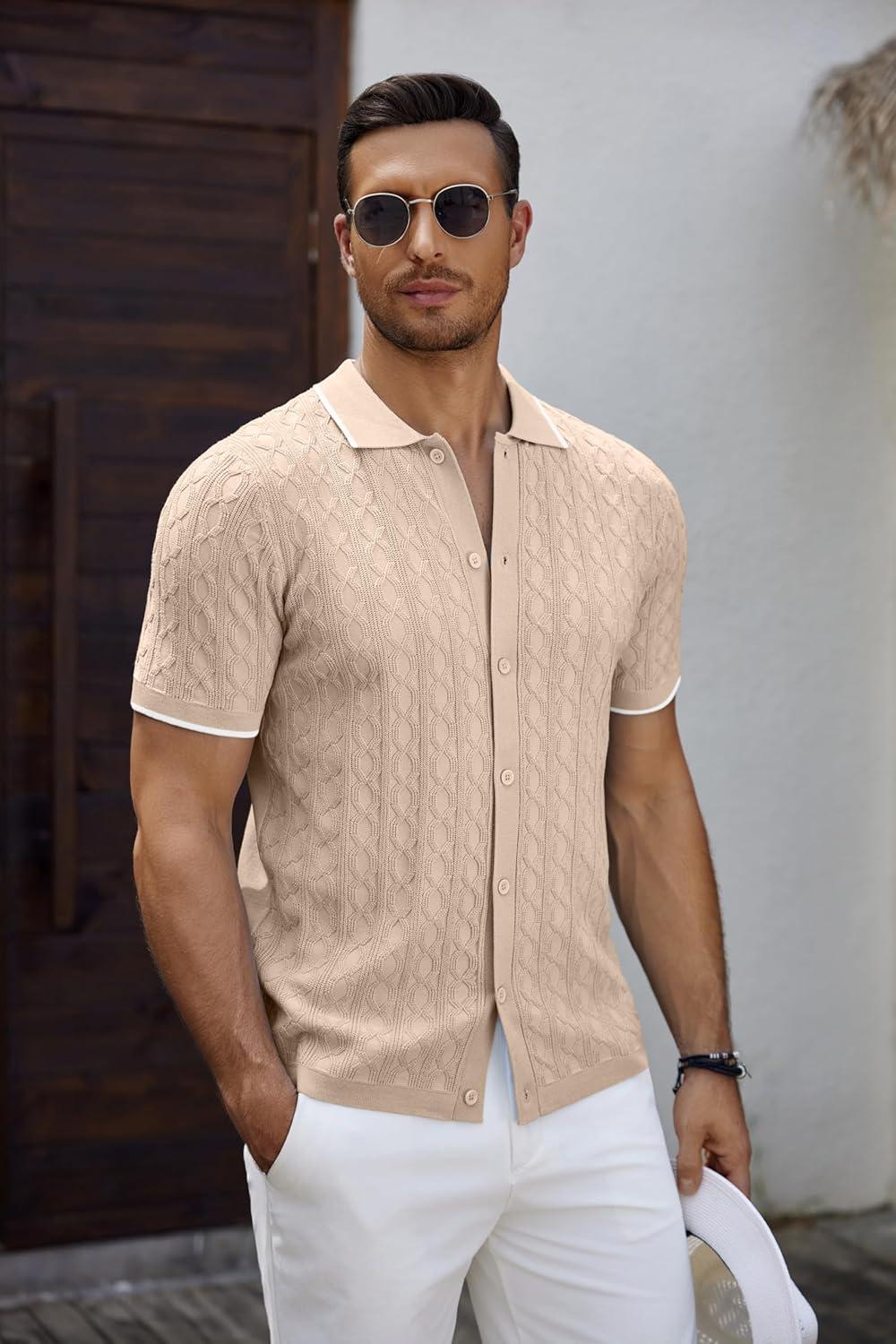 imageCOOFANDY Mens Knit Short Sleeve Shirts Button Down Vintage Knitted Polo Shirt Casual Beach Crochet Cable Vacation ShirtLight Coffeewhite