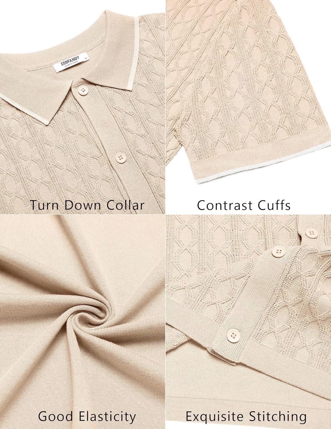 imageCOOFANDY Mens Knit Short Sleeve Shirts Button Down Vintage Knitted Polo Shirt Casual Beach Crochet Cable Vacation ShirtLight Coffeewhite