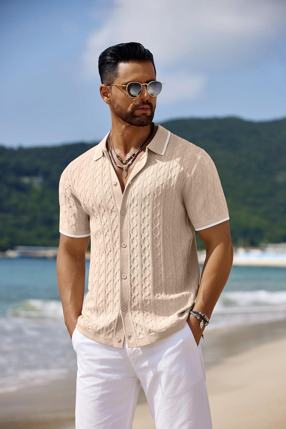 imageCOOFANDY Mens Knit Short Sleeve Shirts Button Down Vintage Knitted Polo Shirt Casual Beach Crochet Cable Vacation ShirtLight Coffeewhite