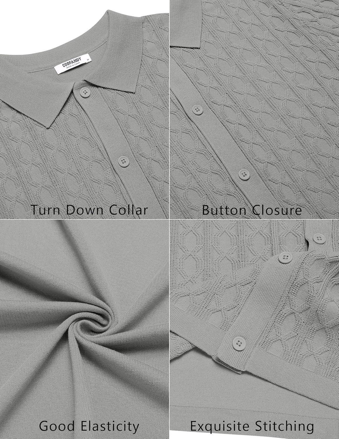 imageCOOFANDY Mens Knit Short Sleeve Shirts Button Down Vintage Knitted Polo Shirt Casual Beach Crochet Cable Vacation ShirtLight Gray