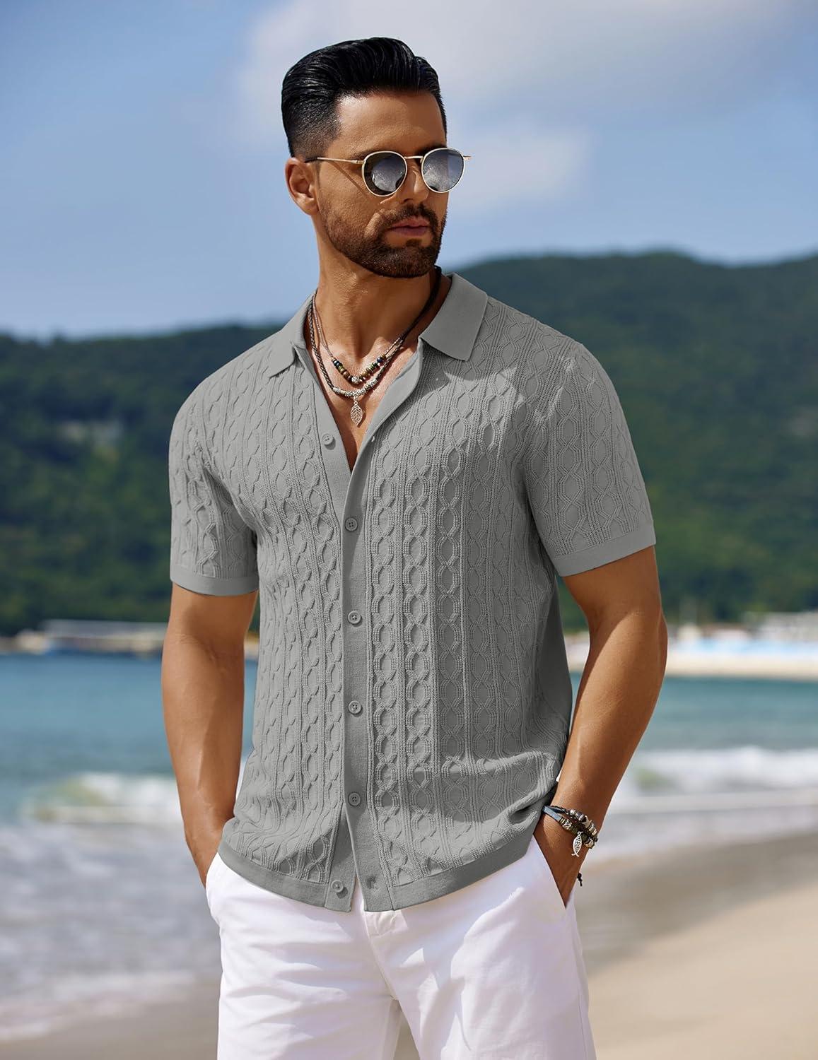 imageCOOFANDY Mens Knit Short Sleeve Shirts Button Down Vintage Knitted Polo Shirt Casual Beach Crochet Cable Vacation ShirtLight Gray
